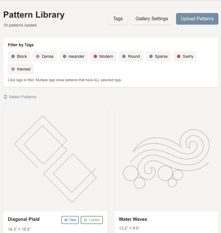 Pattern Library interface showing quilting patterns